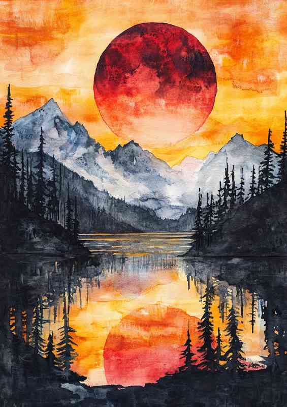 Watercolor painting of an epic mountain lake