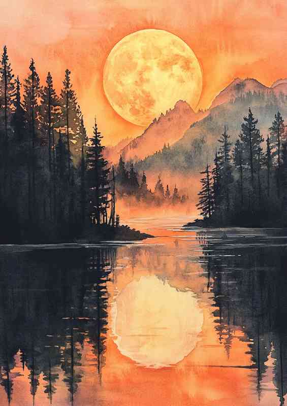 Watercolor painting of the full moon rising