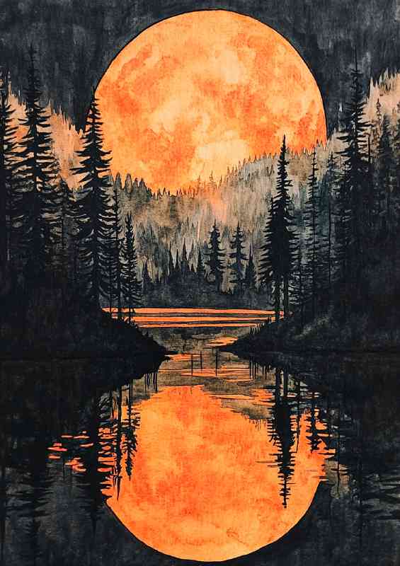 Watercolor painting of the full moon rising over lake