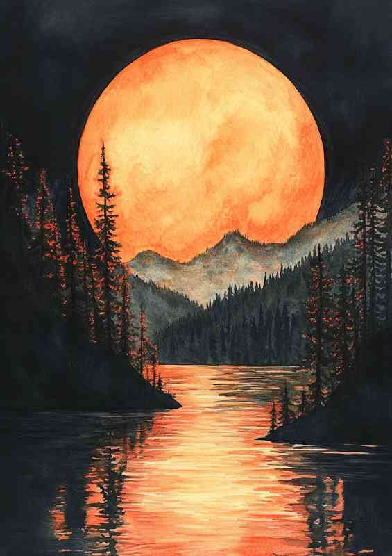 Watercolor painting of the full moon rising over mountains