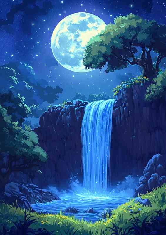 Waterfall in the sky moonlight falling on it