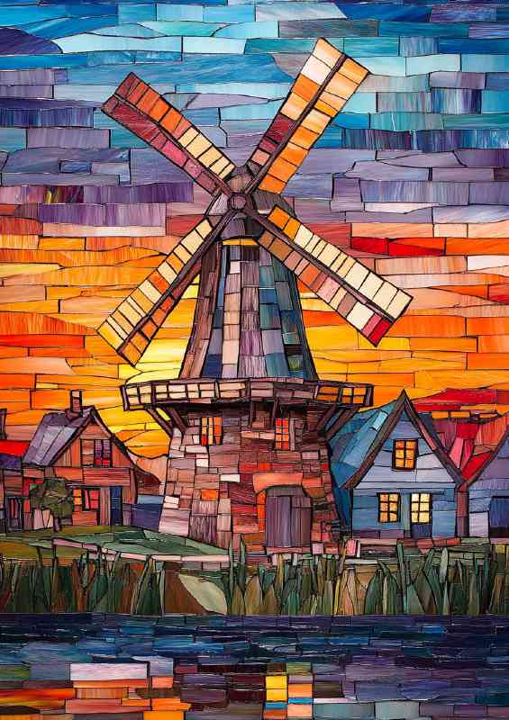 Windmill on the river bank with houses in front mosaic style