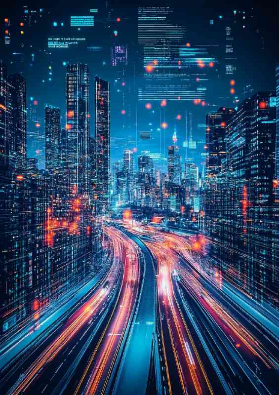 City at night with neon orange lights and skyscrapers