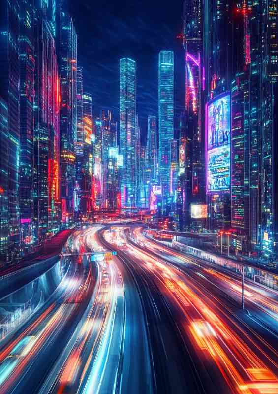City skyline at night illuminated by neon lights
