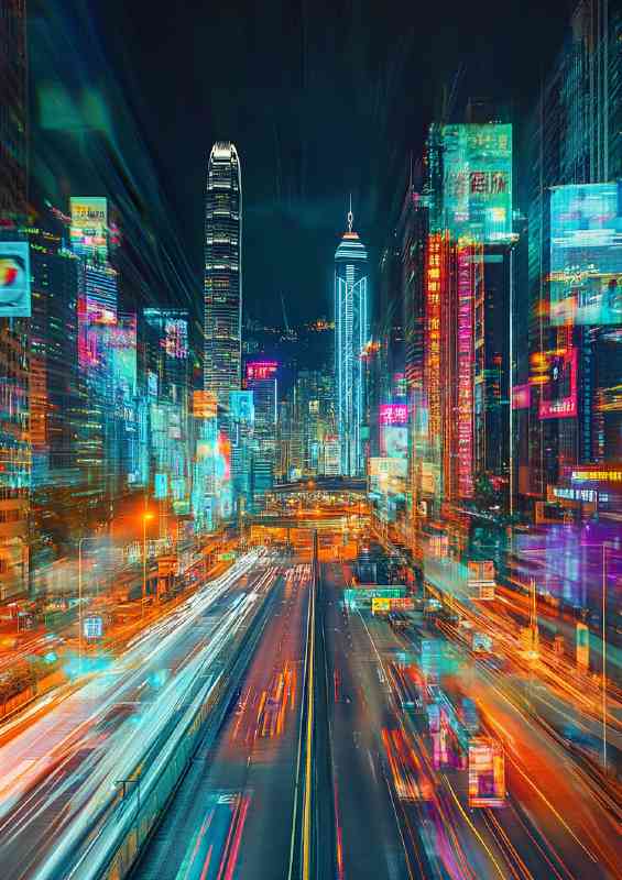 City skyline at night with bright lights