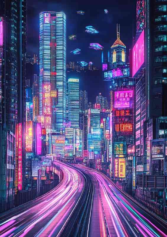 City skyline at night with neon lights