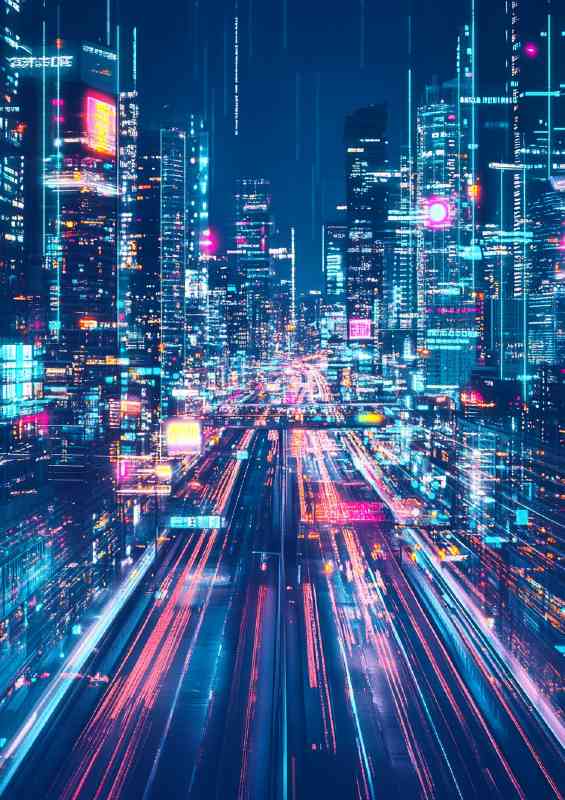 City skyline at night with neon lights and skyscrapers glowing