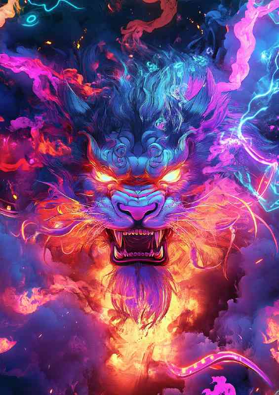 Fierce looking multicolored lion with glowing eyes