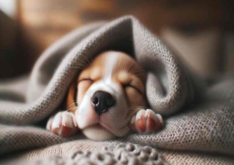 Little Lovebug a sleepy puppy nestled in a blanket