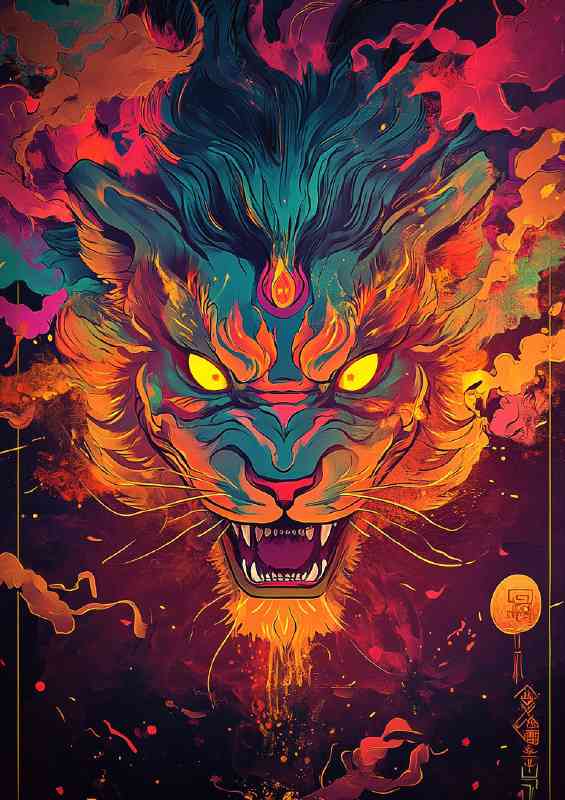 Fierce looking multicolored lion with glowing eyes splat art