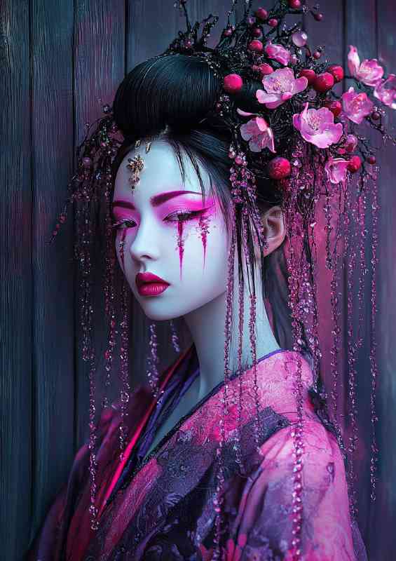 Japanese woman in the style of cyberpunk with pink flowers