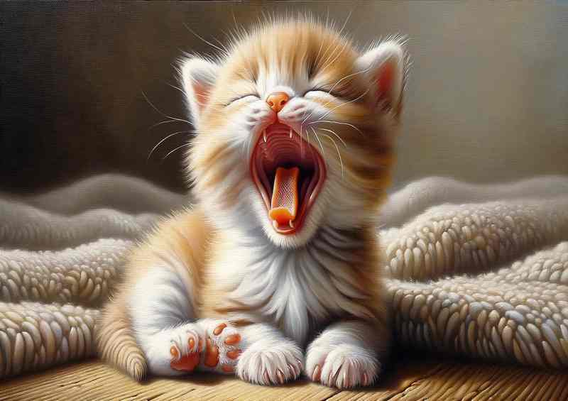 Lovable tiny kitten yawning revealing its small teeth