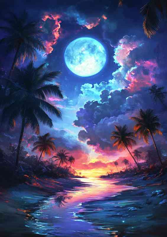 Neon moon and blue sky clouds river