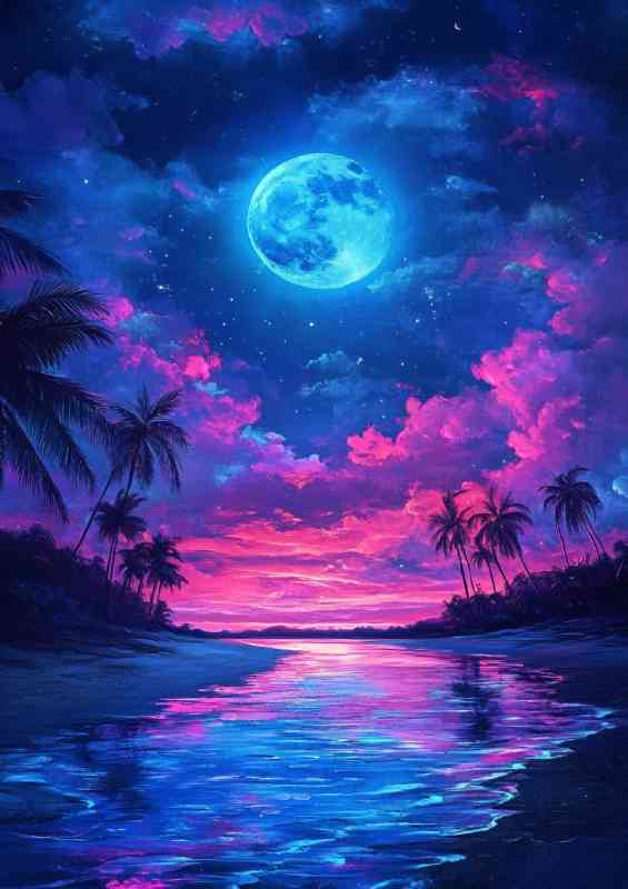 Neon moon and blue sky neon clouds