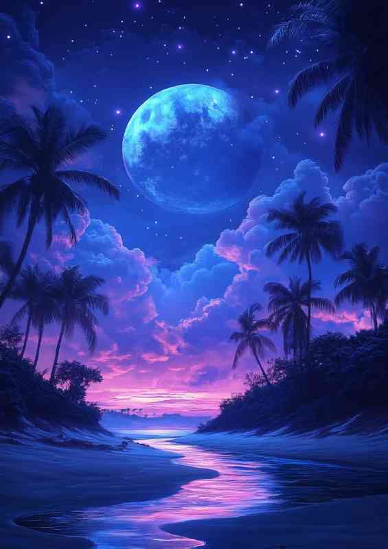 Neon moon and blue sky palm trees