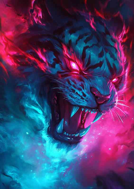 Neon red and blue gradient colors an angry tiger