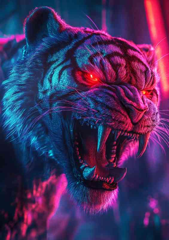Neon red and blue gradient colors an angry tiger growl