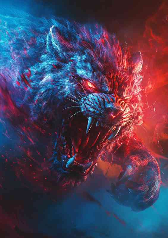 Neon red and blue gradient colors an angry tiger leap