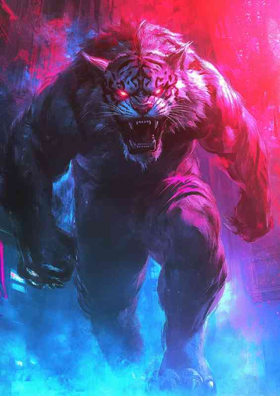Neon red and blue gradient colors an angry tiger walking