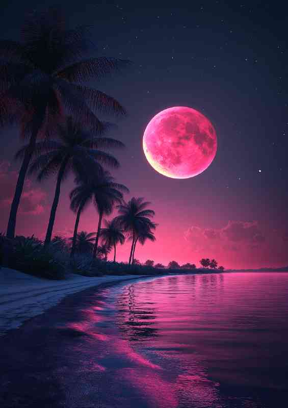 Red neon moon and palm trees sea