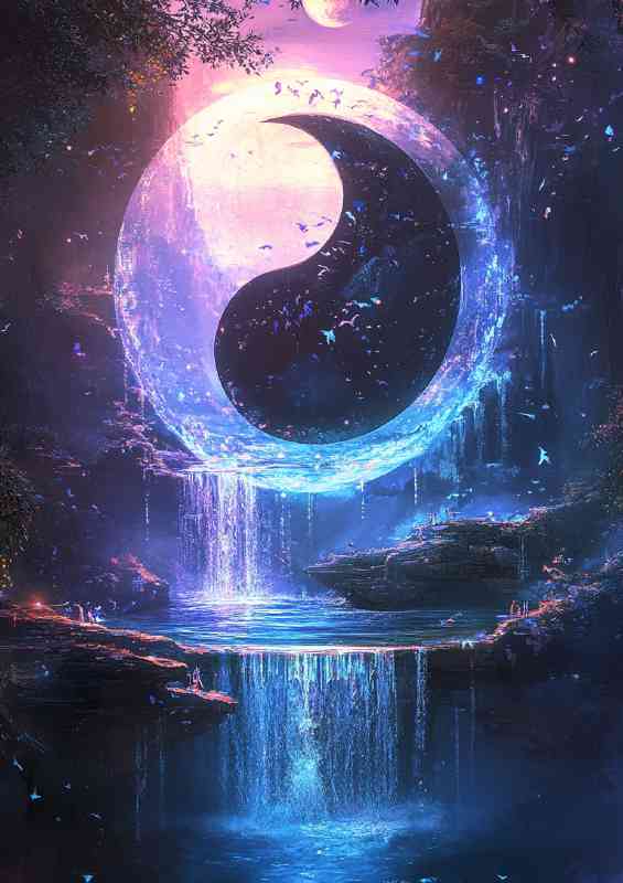 Yin yang symbol with an ethereal glow surrounded by water