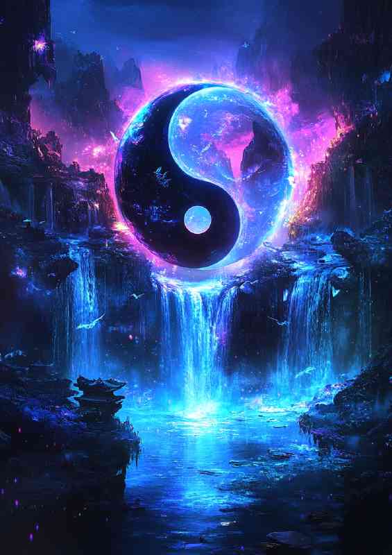 Yin yang symbol with an ethereal glow waterfalls