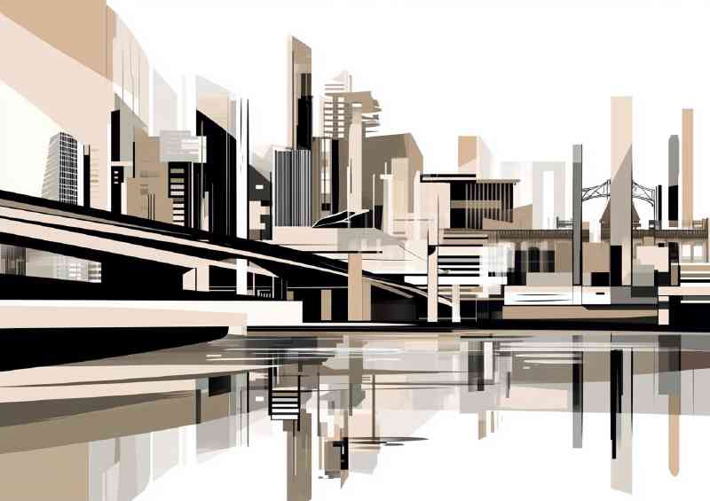 A modern cityscape with tall buildings and bridges