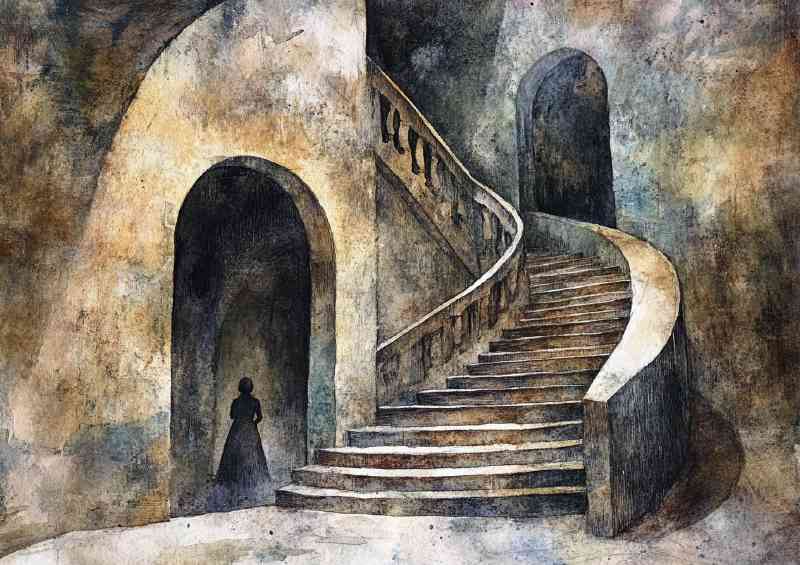 A watercolor painting of an ancient staircase