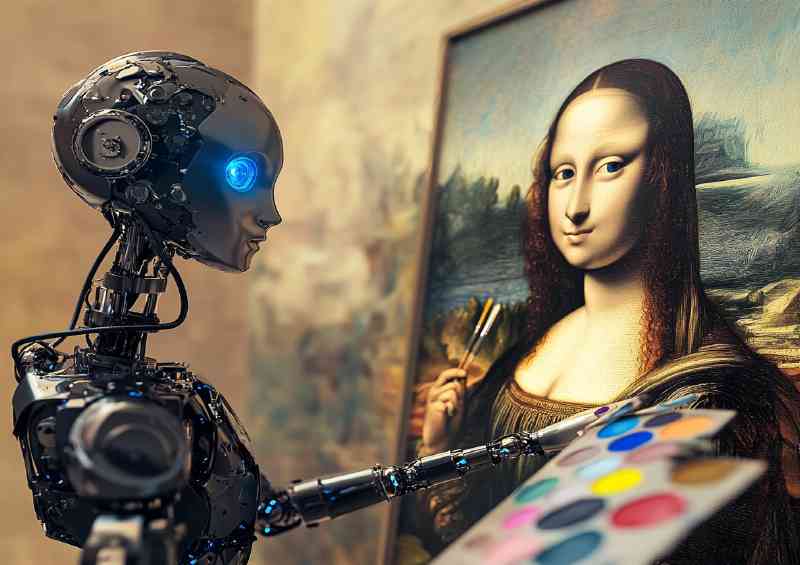 AI robot with blue eyes painting the Mona lisa