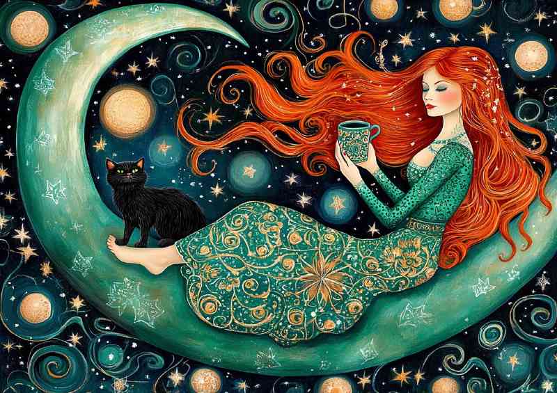 Beautiful woman with long red hair sitting on the moon with a tea