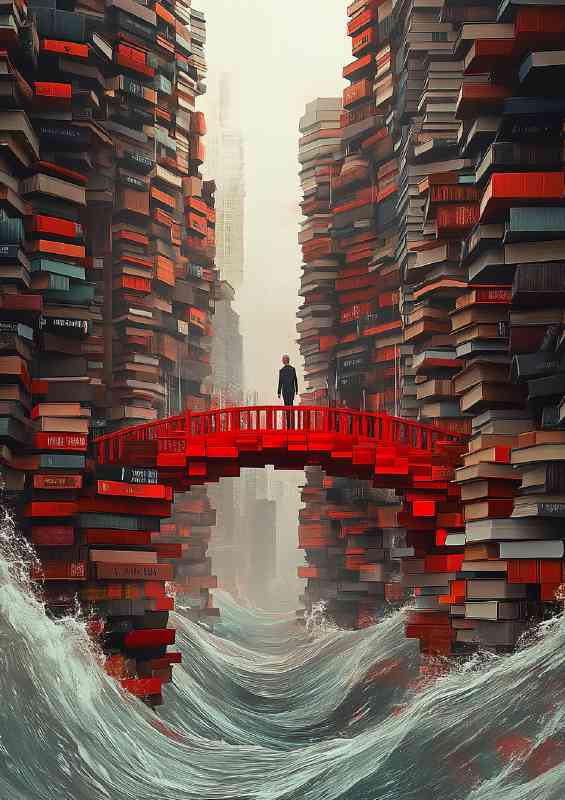 A red bridge made of books is in the center