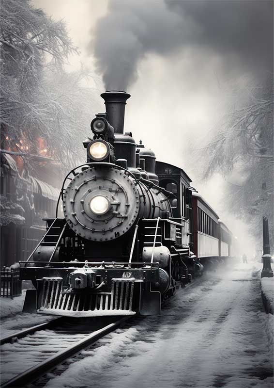 An Old Strem Train Leaving The Station In The Snow