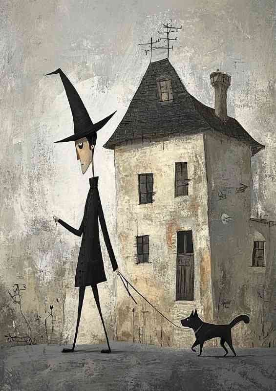 A tall thin man with a pointy hat and black suit walking the dog