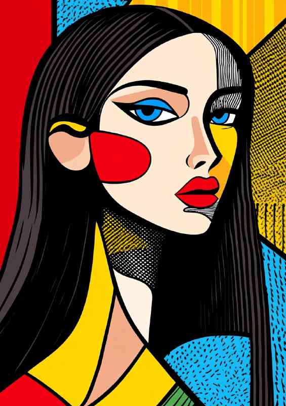 Beautiful woman with long black hair full-bodied pop art