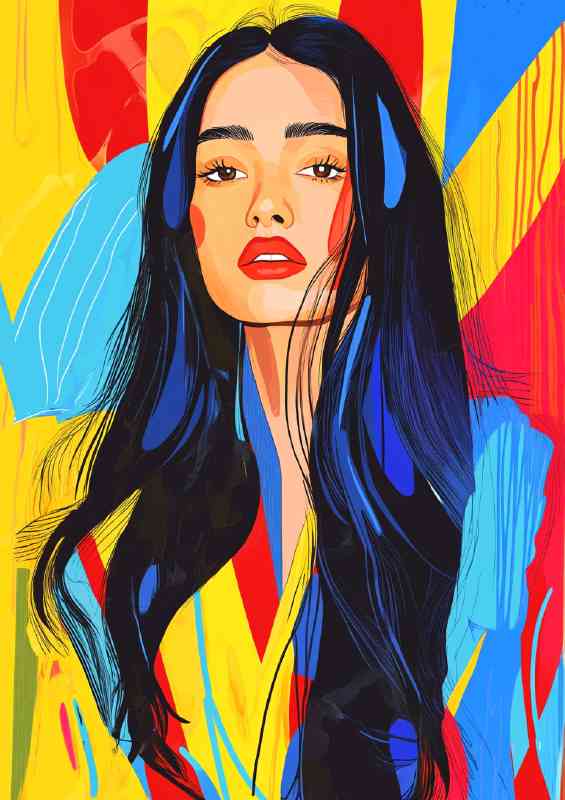 Beautiful woman with long black hair pop art