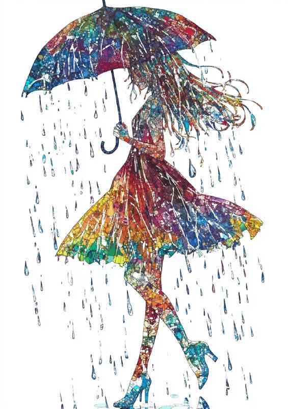 Colorful girl with an umbrella in the style of mosaic