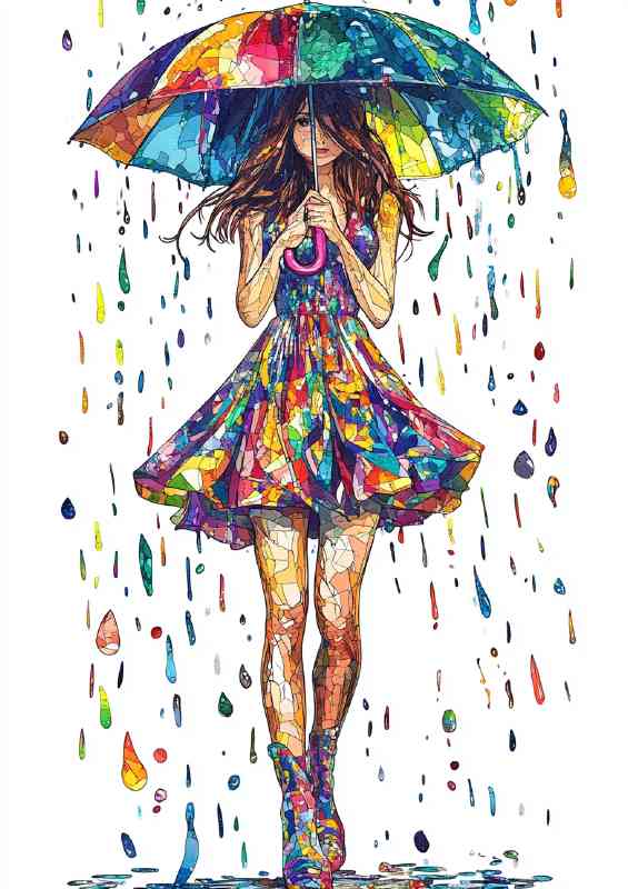 Colorful girl with an umbrella splashed mosaic