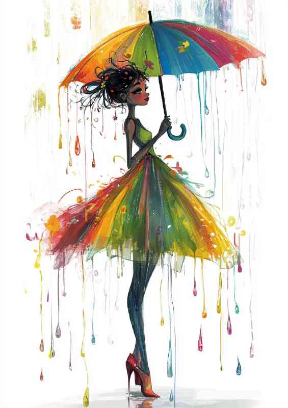 Girl in an umbrella like skirt stands colourful rain drops