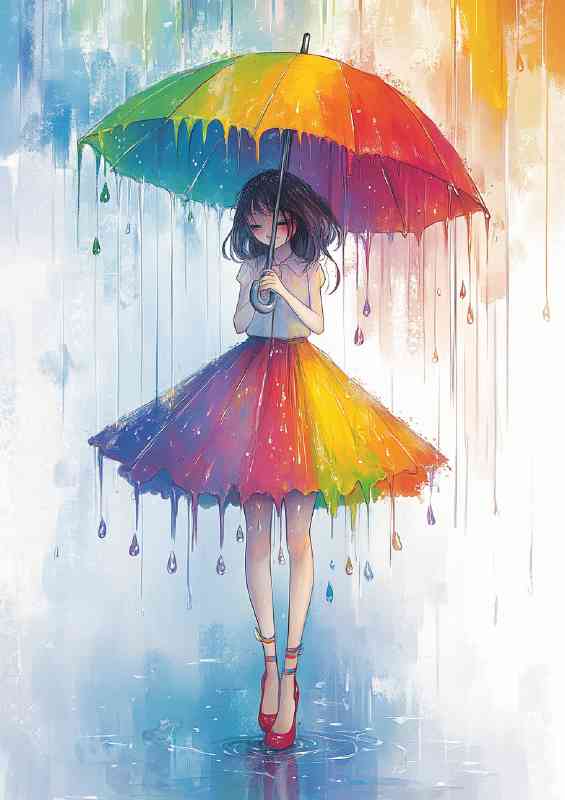 Girl in an umbrella like skirt stands under the rai nbow drops