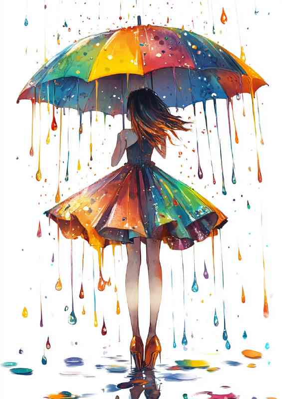 Girl in an umbrella like skirt stands under the rain