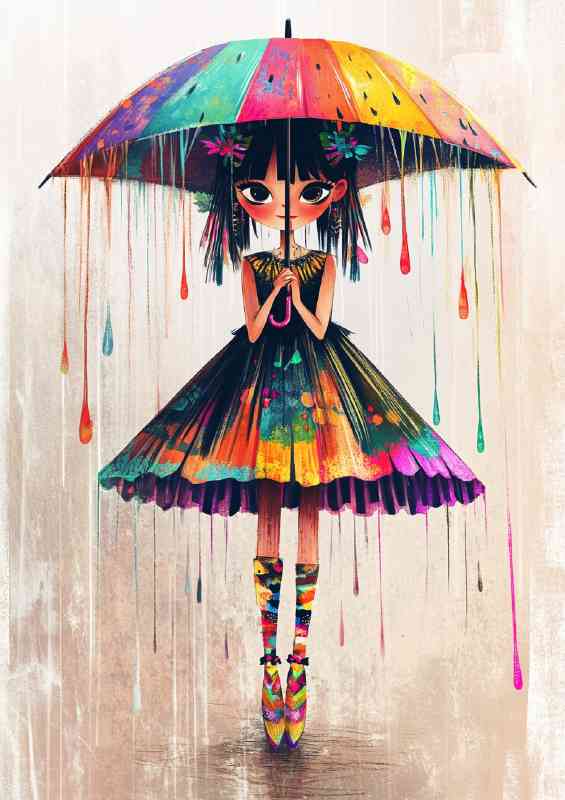 Girl in an umbrella like skirt stands under the rain of colour