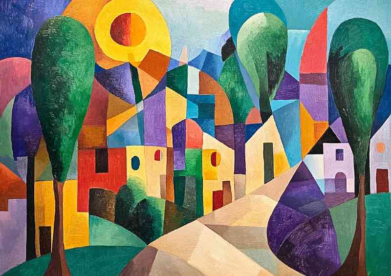 Cubist painting of a small town with trees