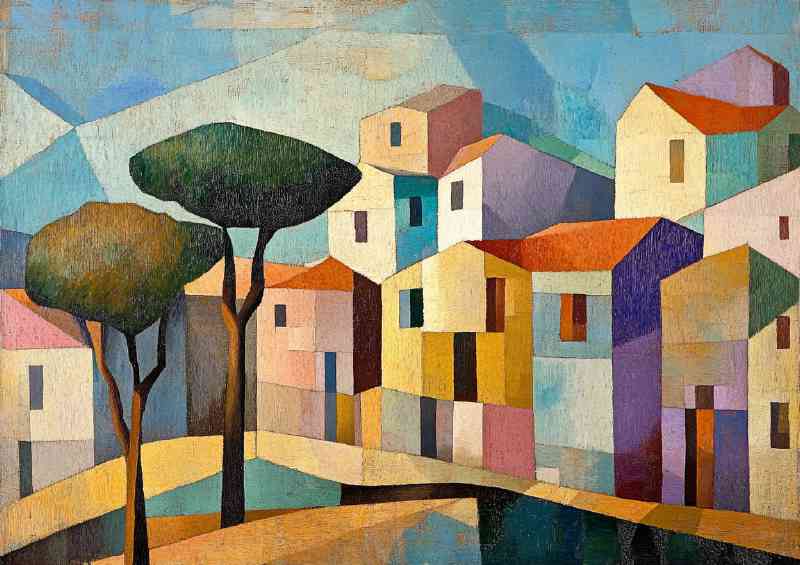 Cubist painting of a small town with trees and buildings