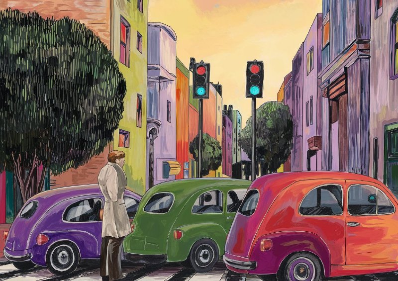 Vibrant city street three parked cars