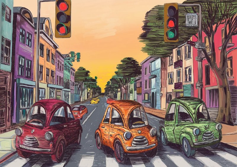 Vibrant urban street scene the three little cars