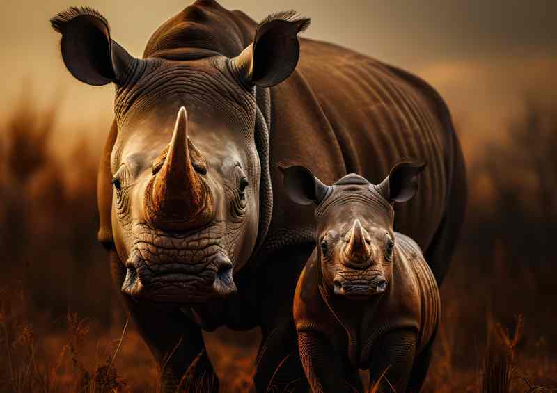 Mama and child Rhino In the savannah malawi
