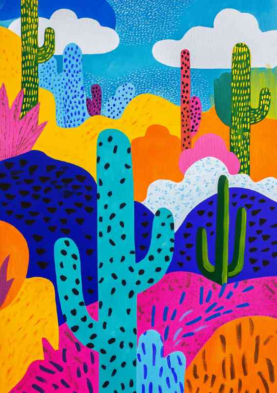 A bold and colorful pattern of cacti in the desert