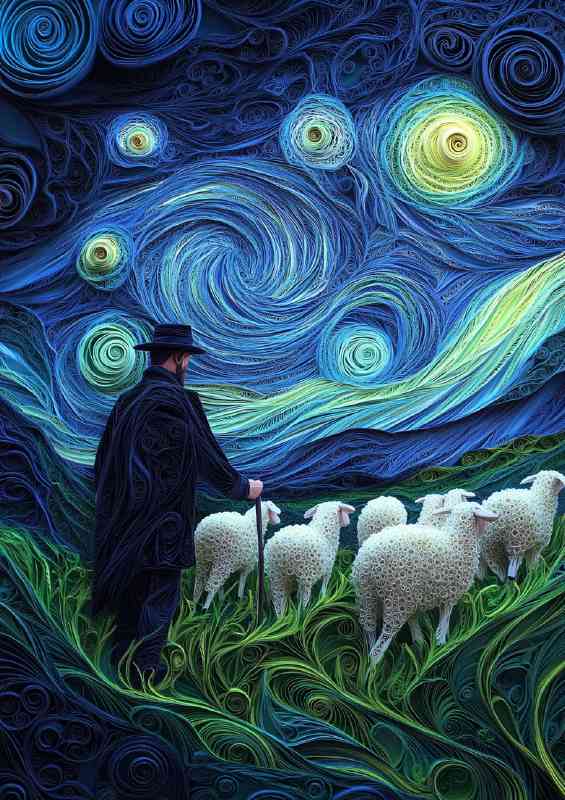 A shepherd with his flock of sheep walking under the swirly skies