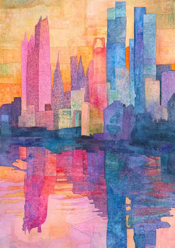 Colorful watercolor collage of buildings and tall towers