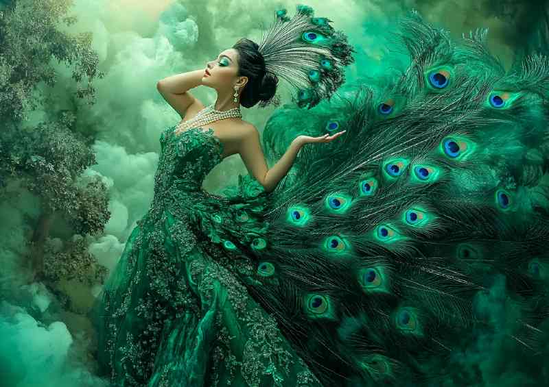 Beautiful woman in an emerald dress with peacock feathers